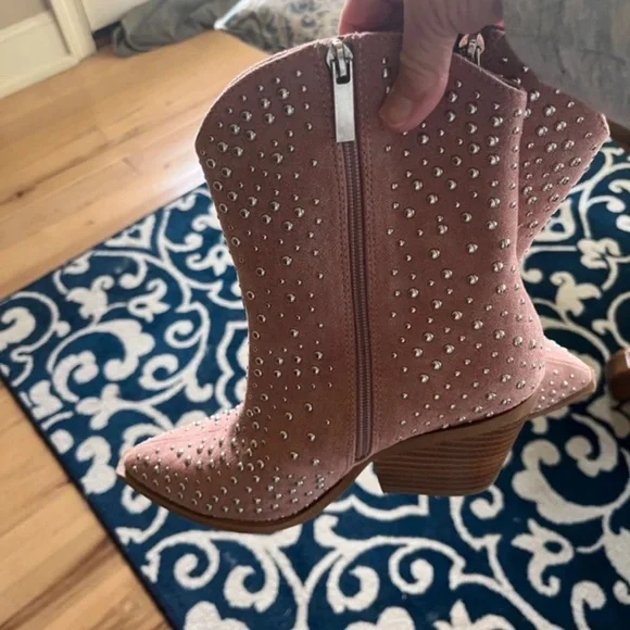 Studded Pink Suede Western Ankle Boots - Picture 2 of 5